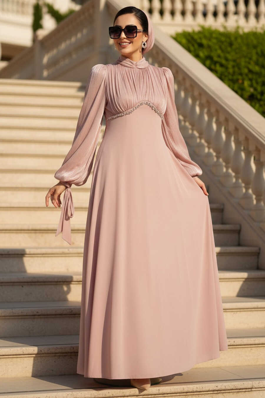 Modest Evening Dress - Bead Detailed Powder Modest Evening Dress 55701PD -  Neva-style.com