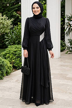 Modest Evening Dress - Beaded Detail Black Modest Evening Dress 4916S - 