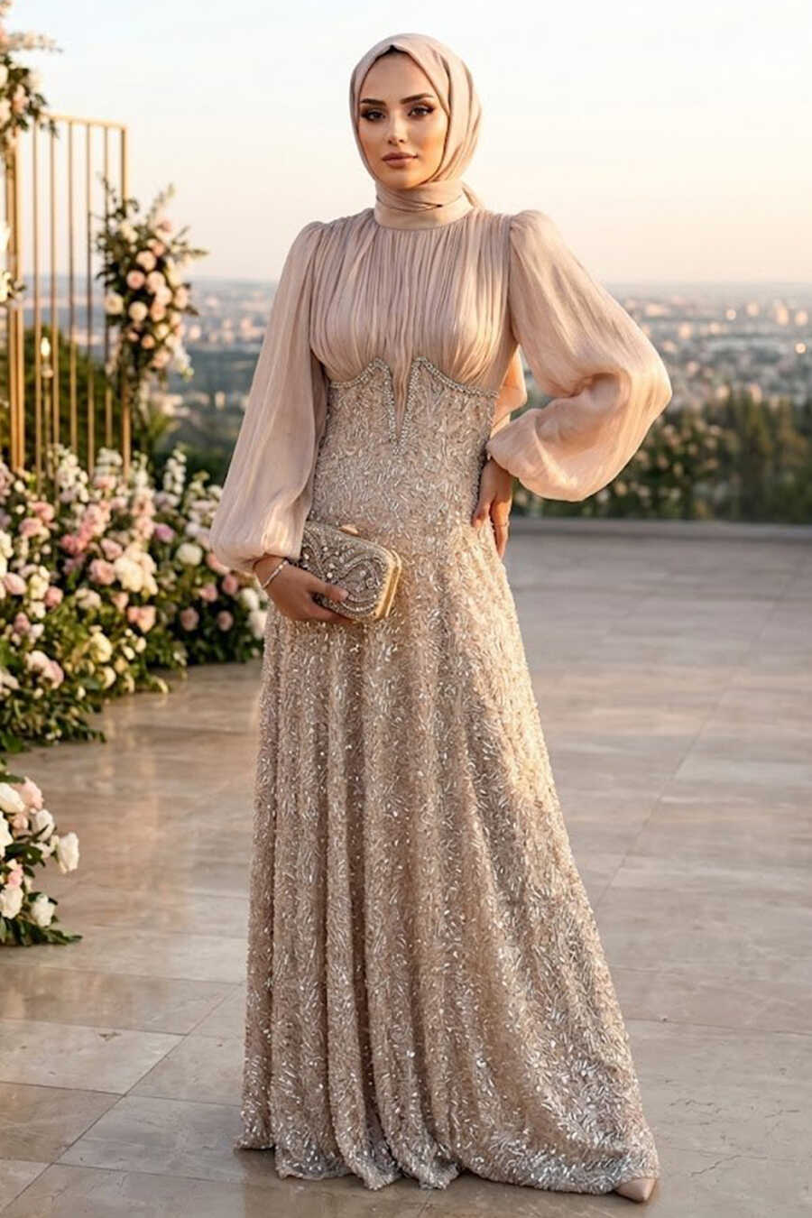 Modest Evening Dress - Bead Embroidered Beige Modest Evening Dress 70171BEJ - Neva-style.com Modest Evening Dress - Bead Embroidered Beige Modest Evening Dress 70171BEJ - Neva-style.com