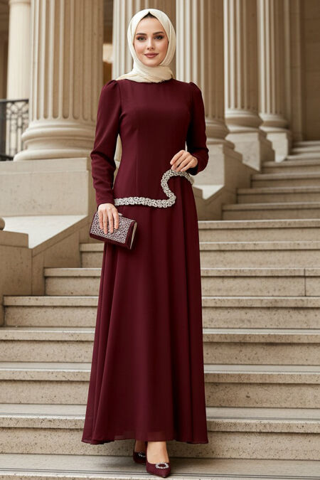 Modest Evening Dress - Beaded Embroidery Burgundy Modest Evening Dress 48081BR - 