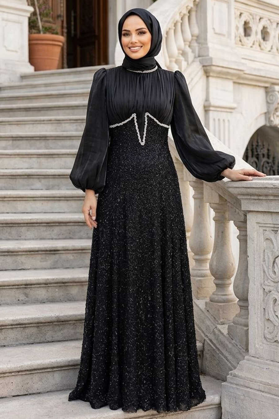 Modest Evening Dress - Bead Embroidered Black Modest Evening Dress 70171S -  Neva-style.com