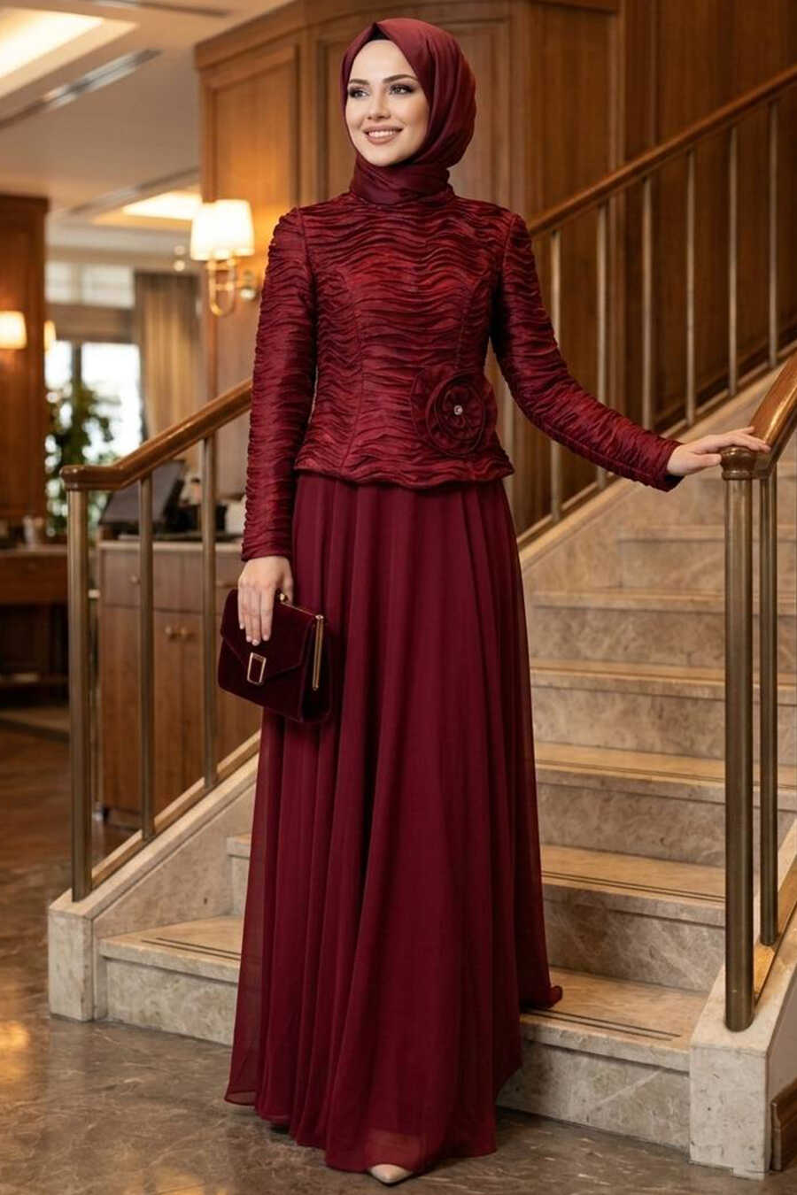 Modest Evening Dress - Gathered Detail Burgundy Modest Evening Dress  54912BR - Neva-style.com