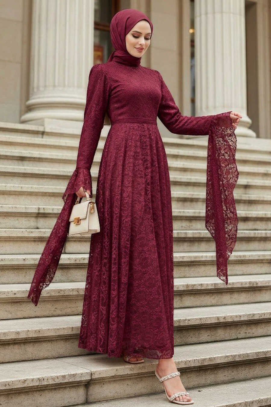 Lace Detail Burgundy Modest Evening Dress 6294BR - Neva-style.com Lace Detail Burgundy Modest Evening Dress 6294BR - Neva-style.com