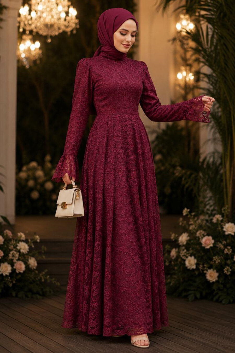 Lace Detail Burgundy Modest Evening Dress 6294BR