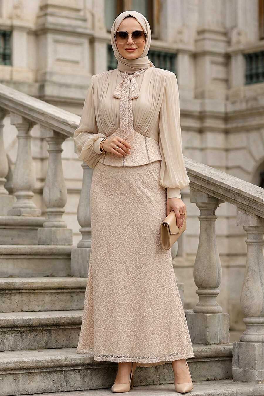 Lace Cream Modest Evening Dress 70135KR - Neva-style.com