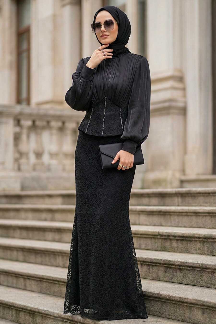 Lace Black Modest Evening Dress 70135S - Neva-style.com