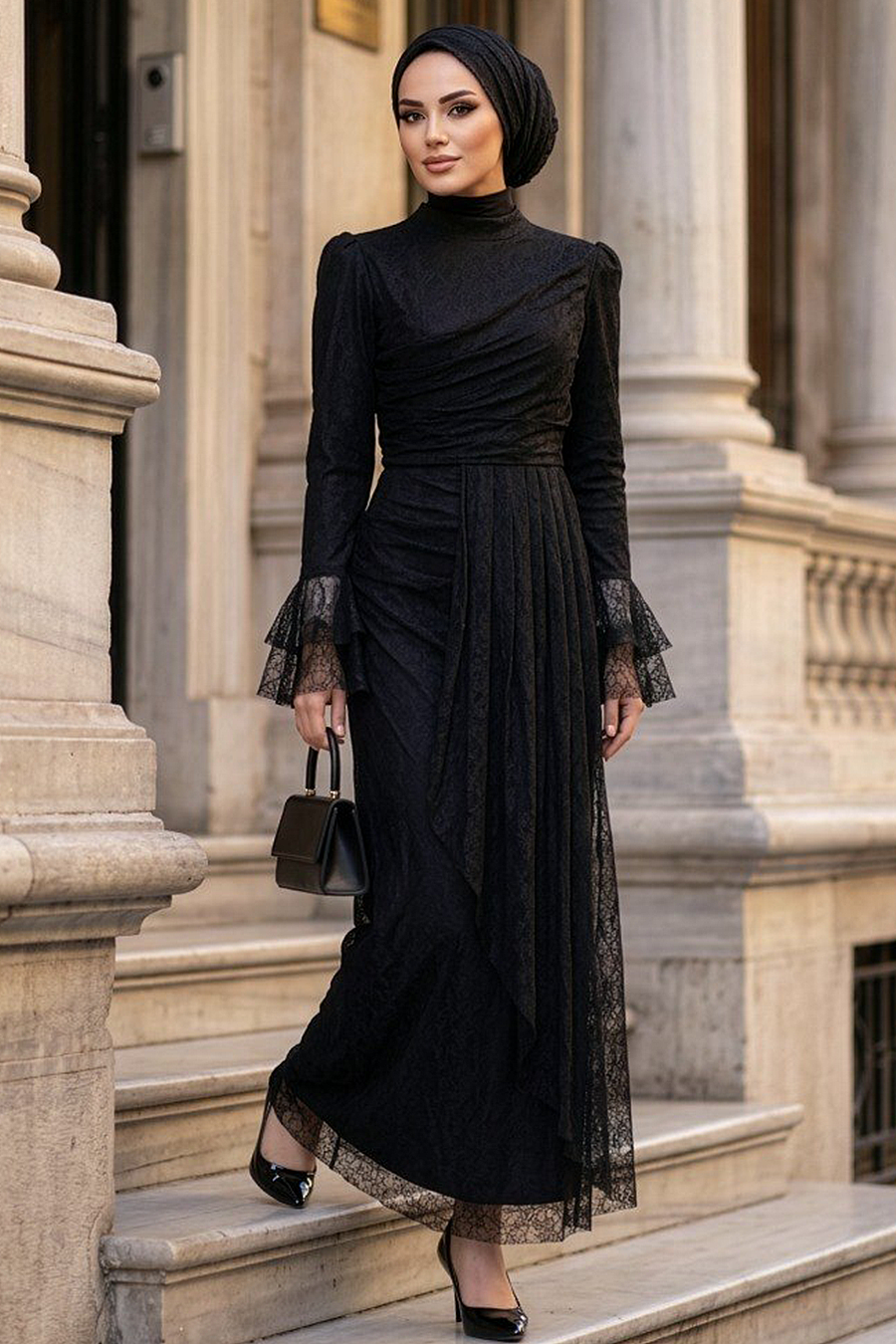 Lace Detail Black Modest Evening Dress 9279S - Neva-style.com Lace Detail Black Modest Evening Dress 9279S - Neva-style.com