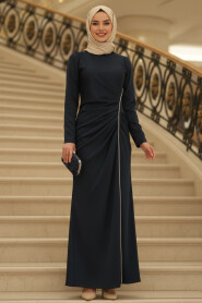 Modest Evening Dress - Drape Detailed Navy Blue Modest Satin Evening Dress 46681L - 2