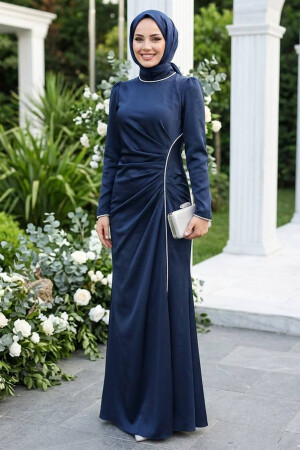 Modest Evening Dress - Drape Detailed Navy Blue Modest Satin Evening Dress 46681L - 1