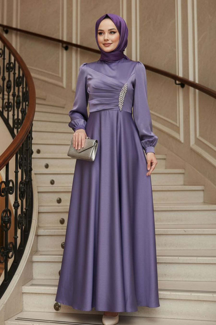 Modest Evening Dress - Drape Detailed Lilac Modest Satin Evening Dress 6261LILA - Neva-style.com Modest Evening Dress - Drape Detailed Lilac Modest Satin Evening Dress 6261LILA - Neva-style.com