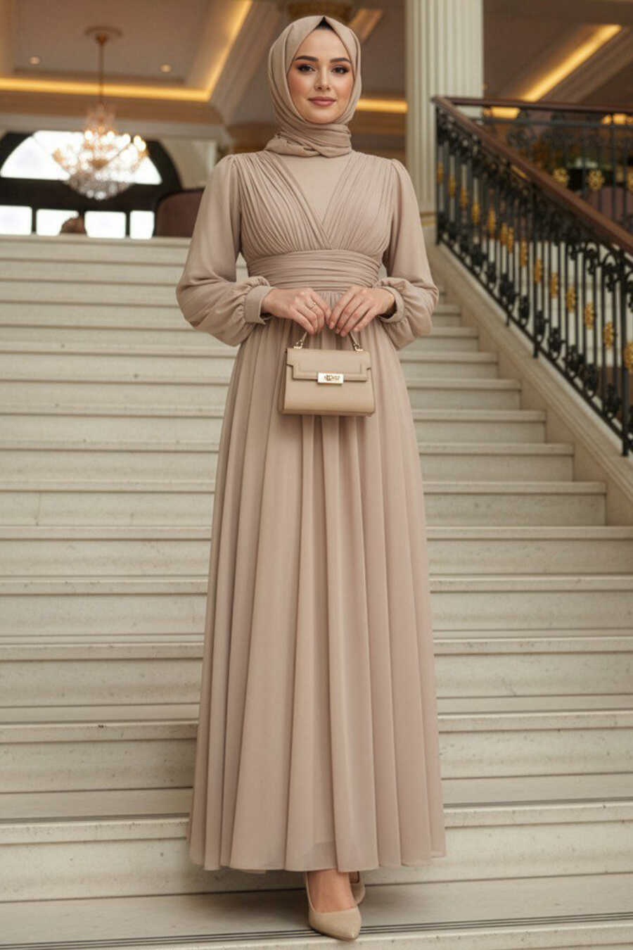 Modest Evening Dress - Draped Beige Modest Evening Dress 46321BEJ - Neva-style.com Modest Evening Dress - Draped Beige Modest Evening Dress 46321BEJ - Neva-style.com