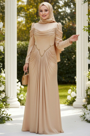 Modest Evening Dress - Draped Beige Modest Evening Dress 70136BEJ - 