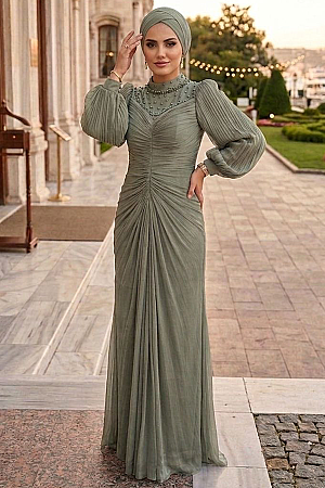 Modest Evening Dress - Draped Pistachio Green Modest Evening Dress 56161CY - 