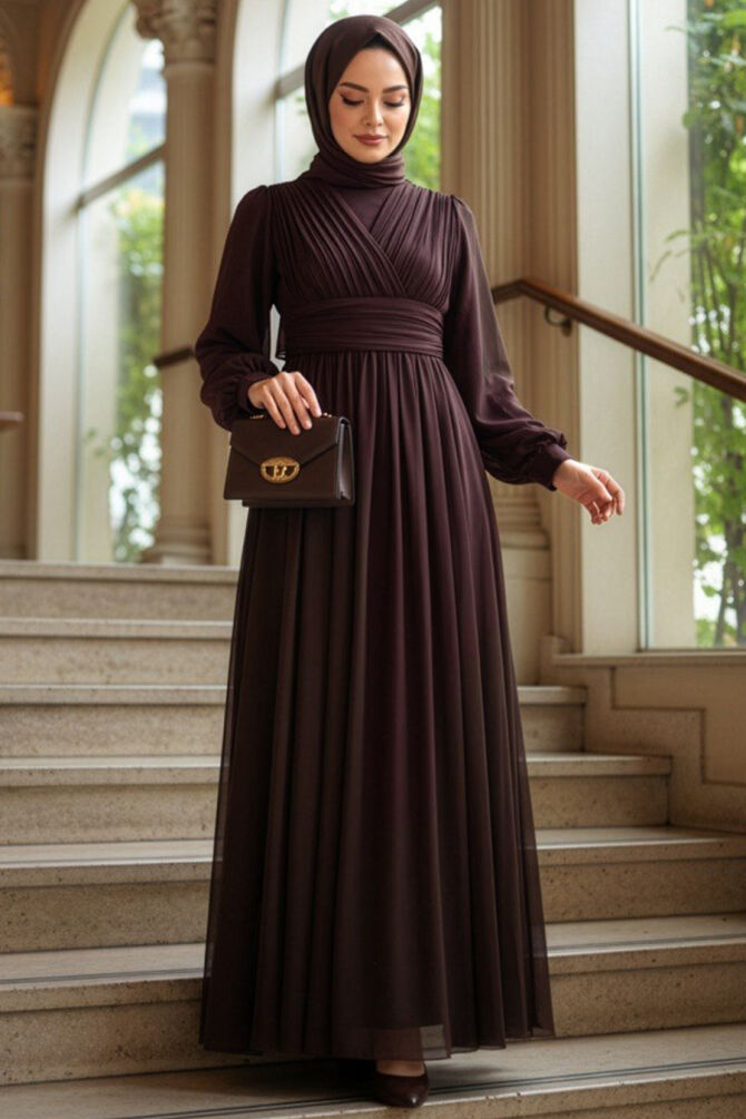Modest Evening Dress - Draped Brown Modest Evening Dress 46321KH - 