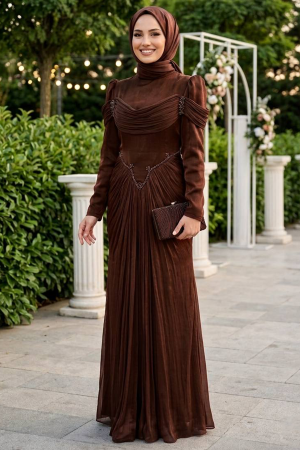Modest Evening Dress - Draped Brown Modest Evening Dress 70136KH - 
