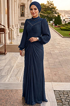 Modest Evening Dress - Draped Navy Blue Modest Evening Dress 56161L - 