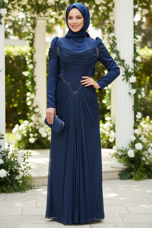 Modest Evening Dress - Draped Navy Blue Modest Evening Dress 70136L - 