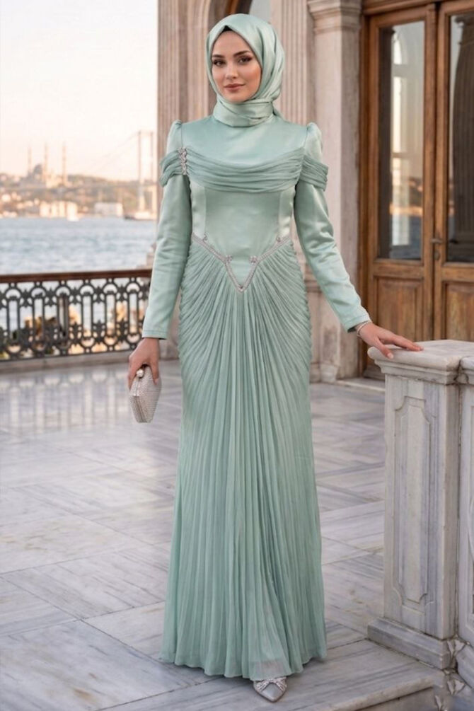 Modest Evening Dress - Draped Mint Modest Abiye Dress 70136MINT - 