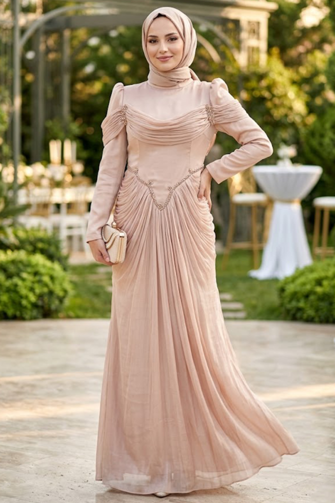 Modest Evening Dress - Draped Powder Modest Evening Dress 70136PD - 