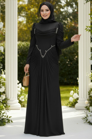 Modest Evening Dress - Draped Black Modest Evening Dress 70136S - 