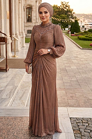 Modest Evening Dress - Draped Taupe Modest Evening Dress 56161V - 