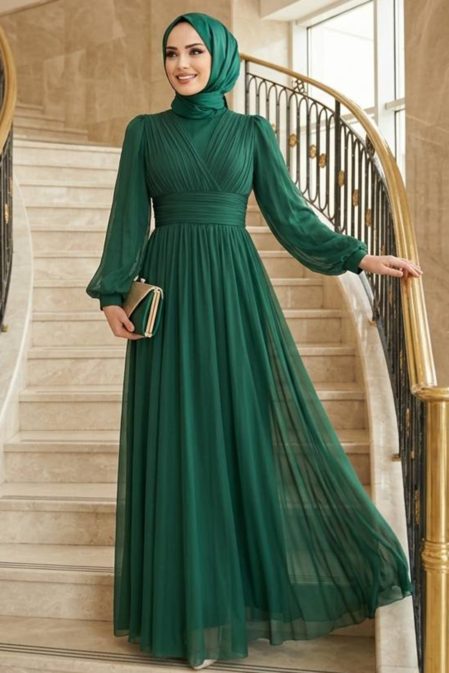 Modest Evening Dress - Draped Green Modest Evening Dress 46321Y -  Neva-style.com
