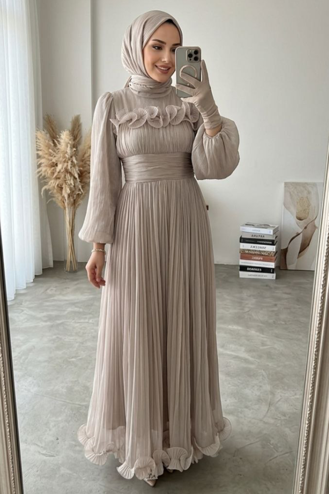 Modest Evening Dress - Ruffle Detail Beige Modest Evening Dress 48231BEJ - 