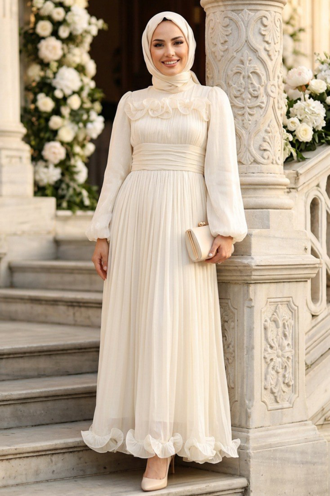 Modest Evening Dress - Ruffle Detail Ecru Modest Evening Dress 48231E - 