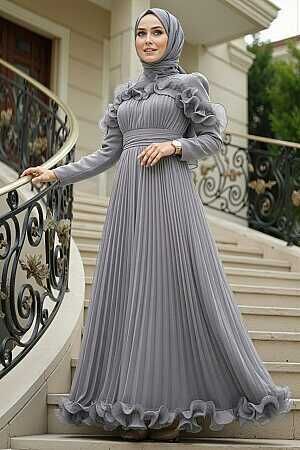 Modest Evening Dress - Ruffle Detailed Grey Modest Evening Dress 55691GR - 