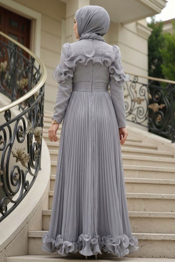 Modest Evening Dress - Ruffle Detailed Grey Modest Evening Dress 55691GR - 
