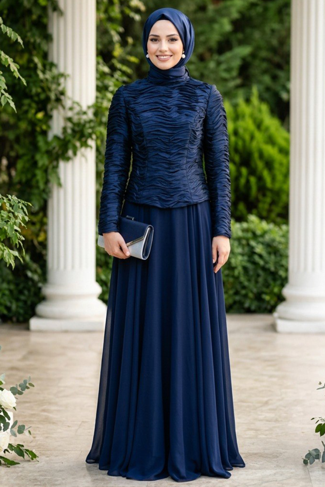 Modest Evening Dress - Ruffle Detailed Navy Blue Modest Evening Dress 54912L - 