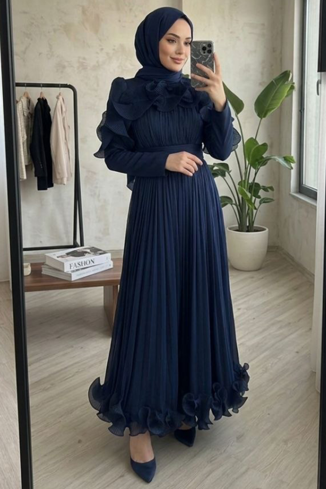 Modest Evening Dress - Ruffle Detailed Navy Blue Modest Evening Dress 55691L - 