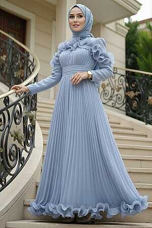 Modest Evening Dress - Ruffle Detailed Blue Modest Evening Dress 55691M - 