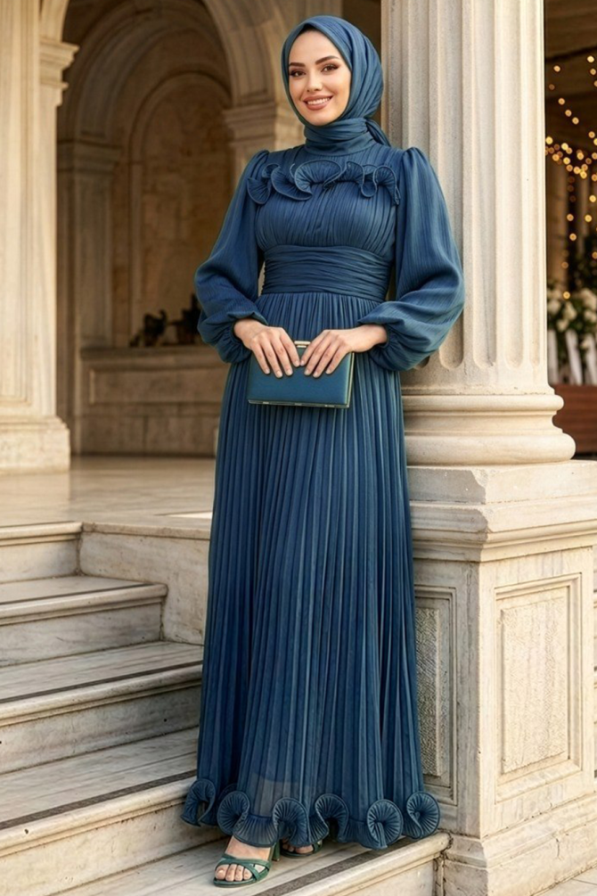 Modest Evening Dress - Ruffle Detail Petrol Green Modest Evening Dress 48231PY - 