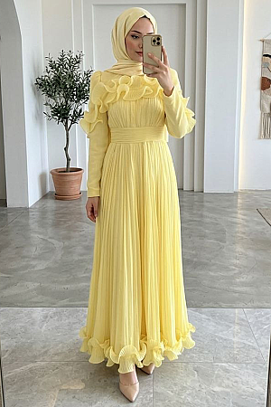 Modest Evening Dress - Ruffle Detailed Yellow Modest Evening Dress 55691SR - 