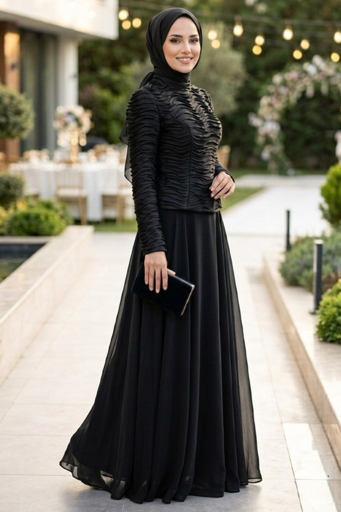 Modest Evening Dress - Ruffle Detailed Black Modest Evening Dress 54912S - 