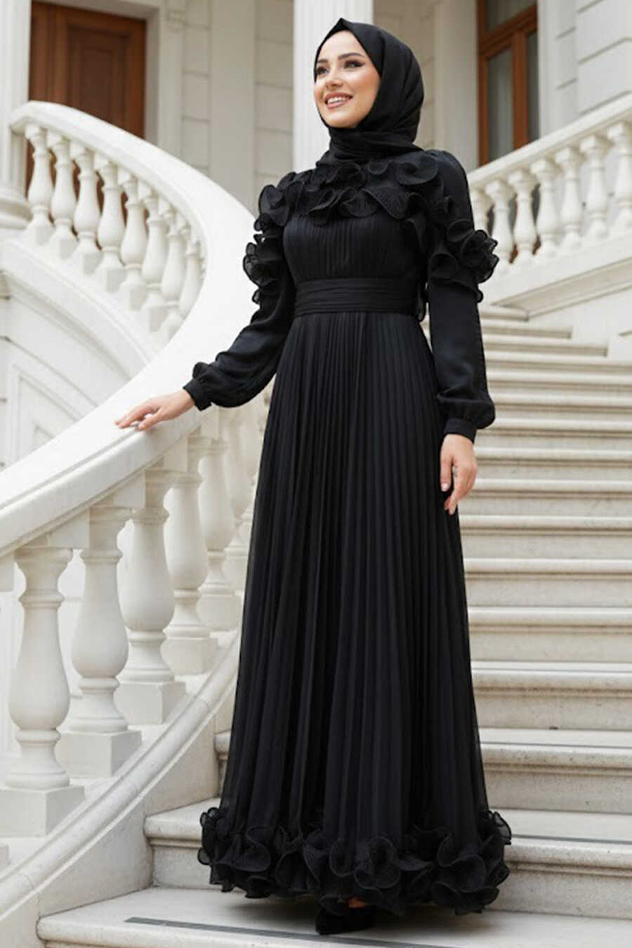 Modest Evening Dress - Ruffle Detailed Black Modest Evening Dress 55691S -  Neva-style.com