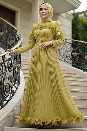 Modest Evening Dress - Ruffle Detailed Oil Green Modest Evening Dress 55691YY - 
