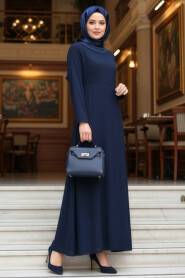 Modest Evening Dress - Pearl Detailed Navy Blue Modest Evening Dress 61981L - 1