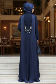 Modest Evening Dress - Pearl Detailed Navy Blue Modest Evening Dress 61981L - 2
