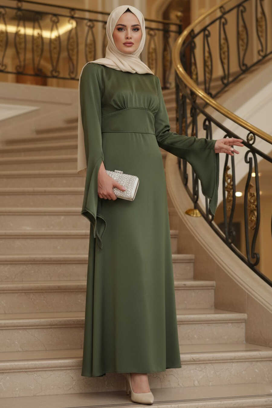 Modest Evening Dress - Spanish Sleeve Khaki Modest Satin Evening Dress  6258HK - Neva-style.com