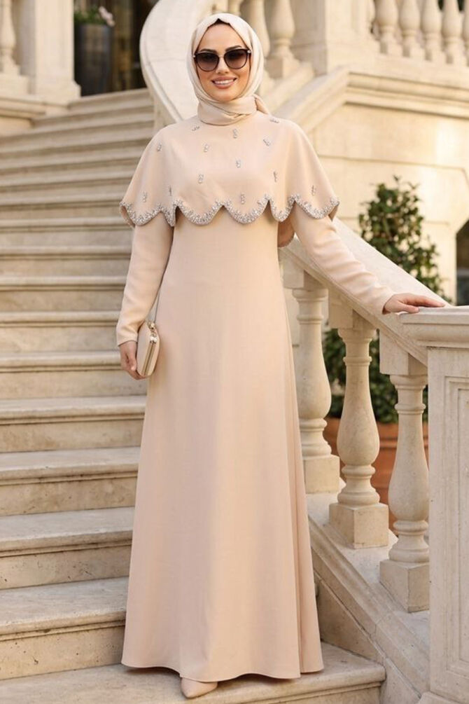 Modest Evening Dress - Cape Detail Beige Modest Evening Dress 55781BEJ - 