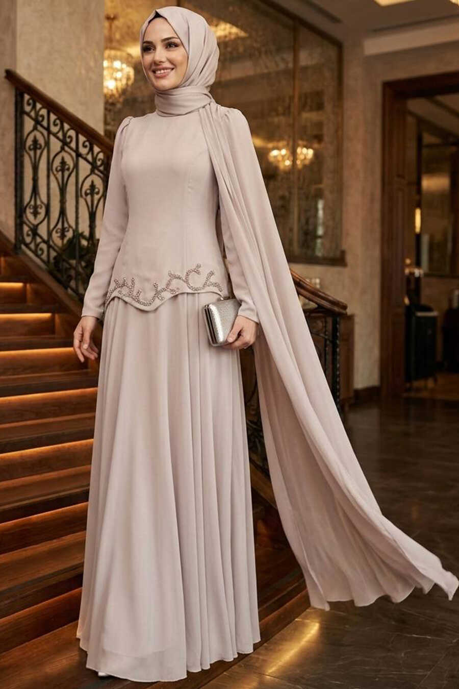 Modest Evening Dress - Cape Detail Beige Modest Evening Dress 56081BEJ -  Neva-style.com