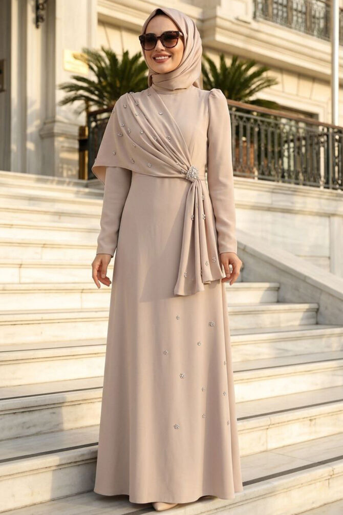 Modest Evening Dress - Cape Detail Beige Modest Evening Dress 56101BEJ - 