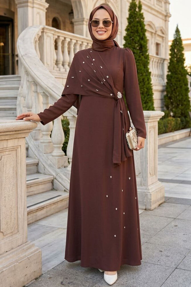 Modest Evening Dress - Cape Detail Brown Modest Evening Dress 56101KH - 