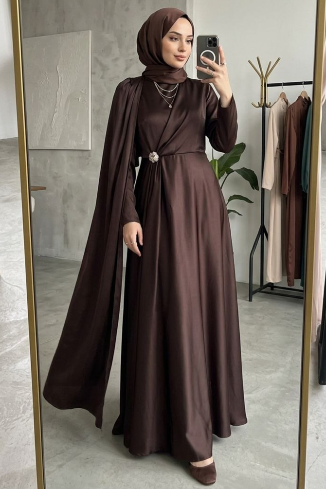 Modest Evening Dress - Cape Detail Brown Modest Satin Evening Dress 4884KH - 