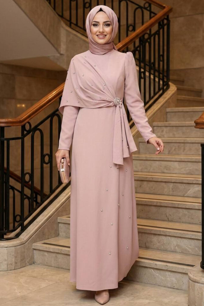 Modest Evening Dress - Cape Detail Powder Modest Evening Dress 56101PD - 