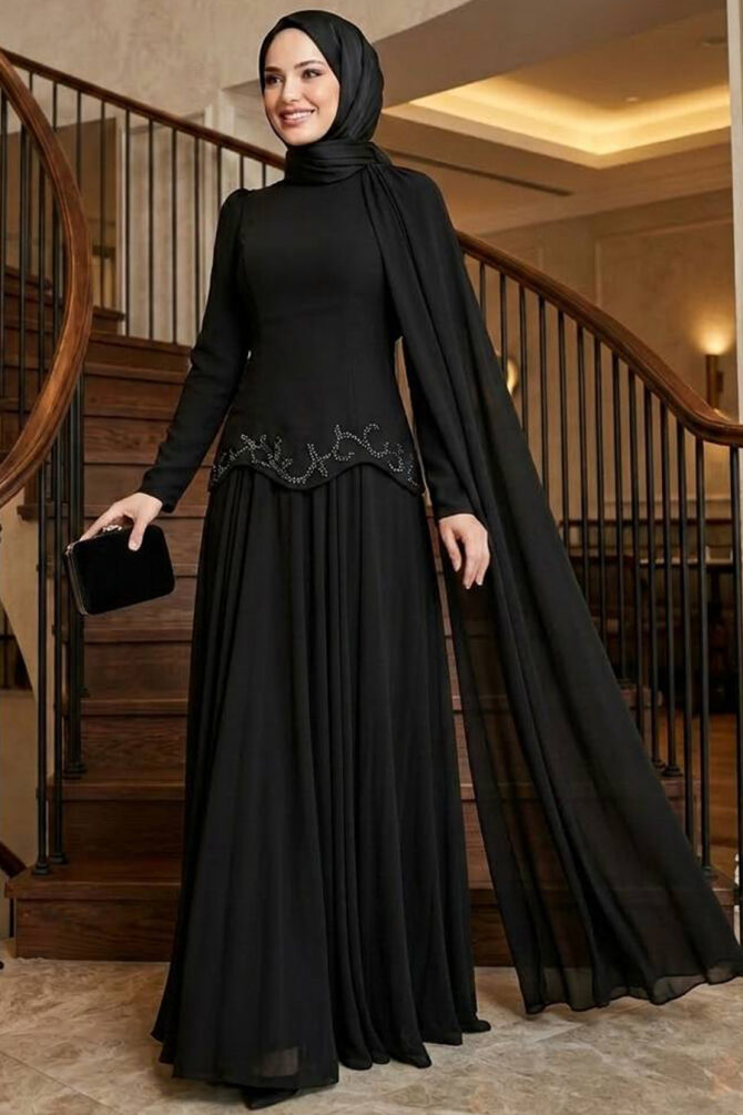 Modest Evening Dress - Cape Detail Black Modest Evening Dress 56081S - 