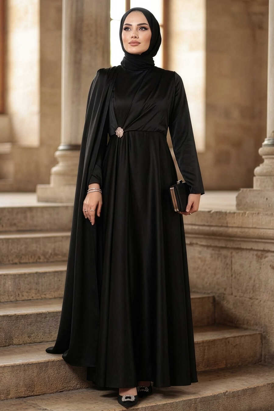 Modest Evening Dress - Cape Detailed Black Modest Satin Evening Dress 4884S - Neva-style.com Modest Evening Dress - Cape Detailed Black Modest Satin Evening Dress 4884S - Neva-style.com