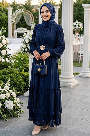 Modest Evening Dress - Pleated Detail Navy Blue Modest Evening Dress 6924L - 